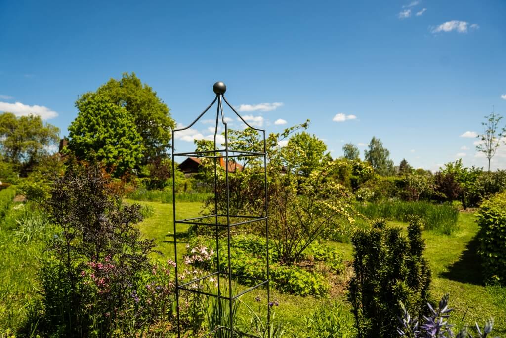Rankobelisk pulverbeschichtet anthrazit in einem gruenen Garten